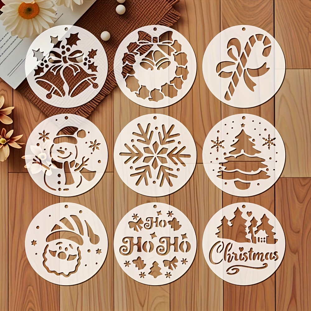 item picture 9pcs set of round christmas hollow templates reusable pet material painting molds featuring santa claus snowman christmas tree snowflake candy cane bell wreath patterns washable handmade painting templates suitable for wooden signs