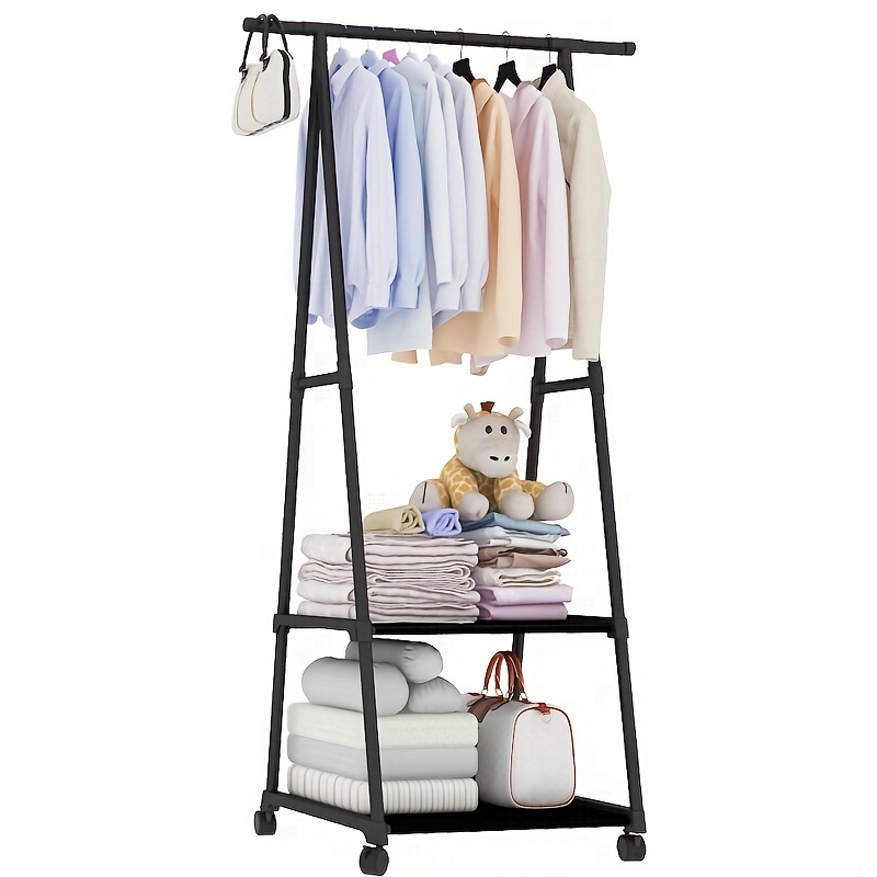 

1pc Rolling Metal Garment Rack With Wheels, Triangular Freestanding Bedroom Clothes Hanger, Multi-function Storage Coat Rack, Multi-layer Shelf, Durable Organizer