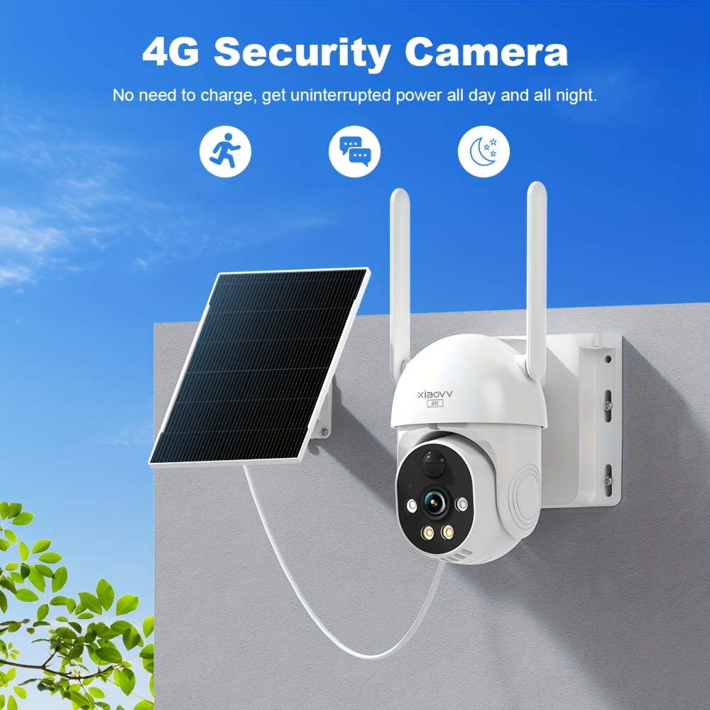 4g 2k Solar Powered Security Camera, Motion Tracking, Pir Detection, Voice, Night Vision, Alarm Push, Ptz Rotation, Supports Sd Card/cloud Storage, Built-in Sim Card
