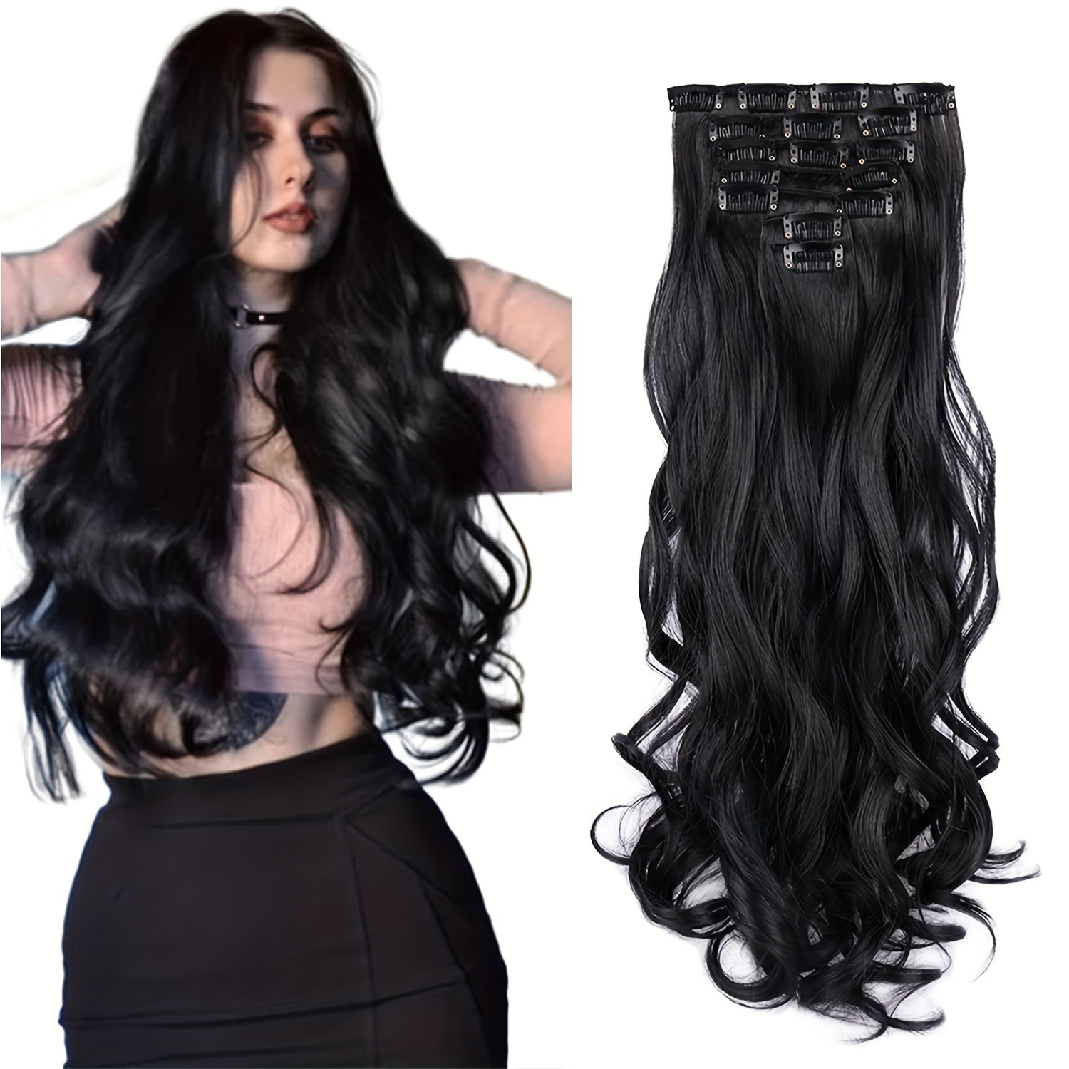 Image of 22inch-long Curly Hair 7pcs Set Clip Hair Curly Hair Big Waves Black 5 New Year Gift Mother's Day Gift