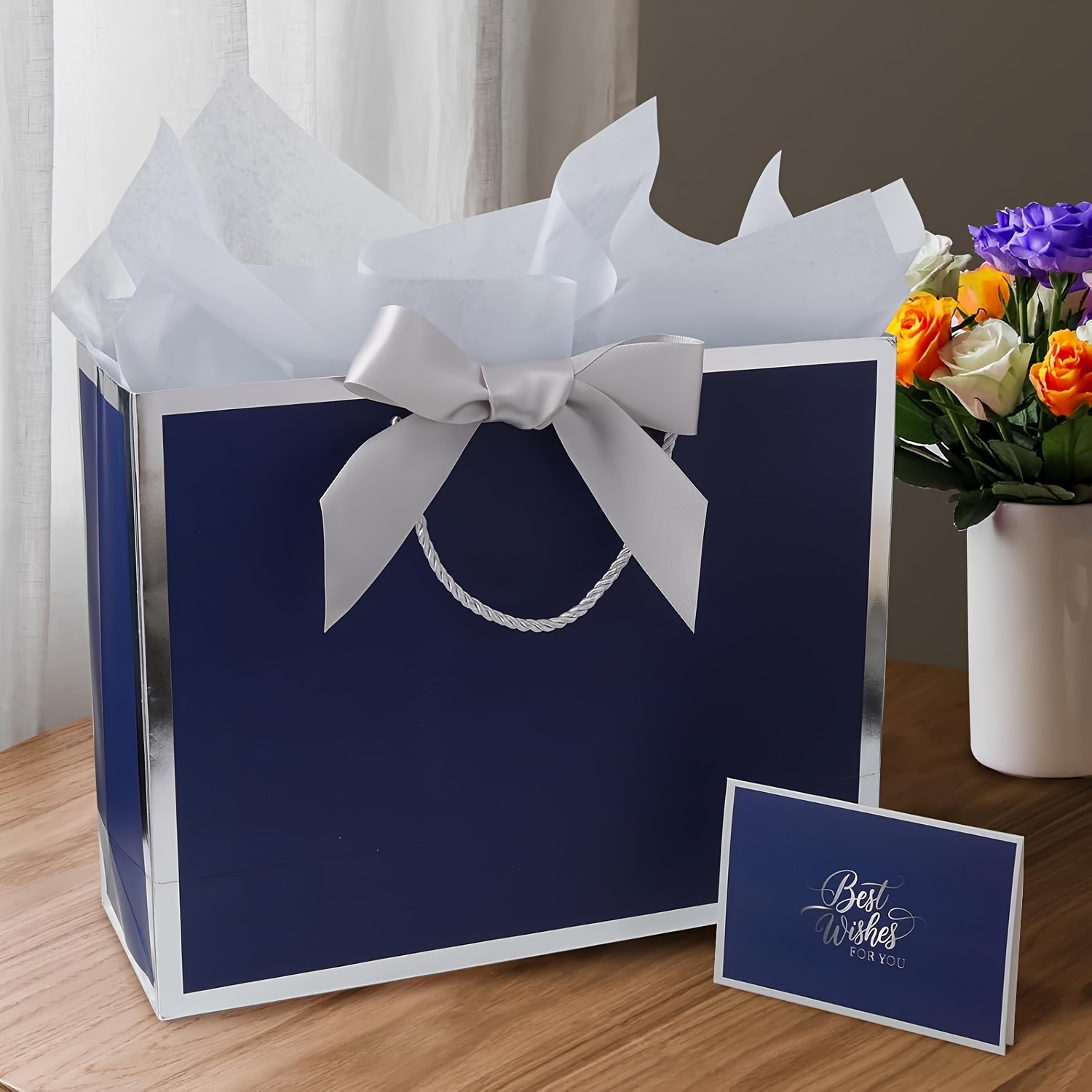 TEMU 1 Pack Ribbon Card And Tissue Paper Gift Bag, 13x10x4.7 Inch Large Gift Bag With Handles For Weddings, Engagements, Baby Showers, Any Family And