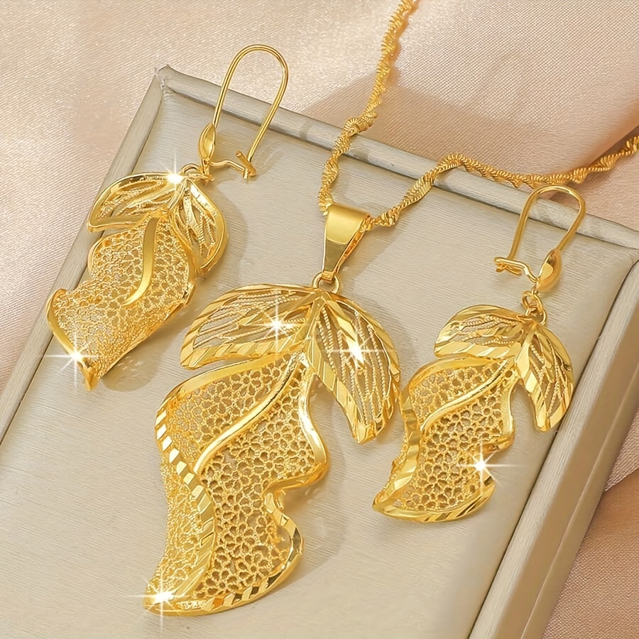 

2pcs/set Hollow Leaf Jewelry Earrings Necklace Bridal Wedding Jewelry Set