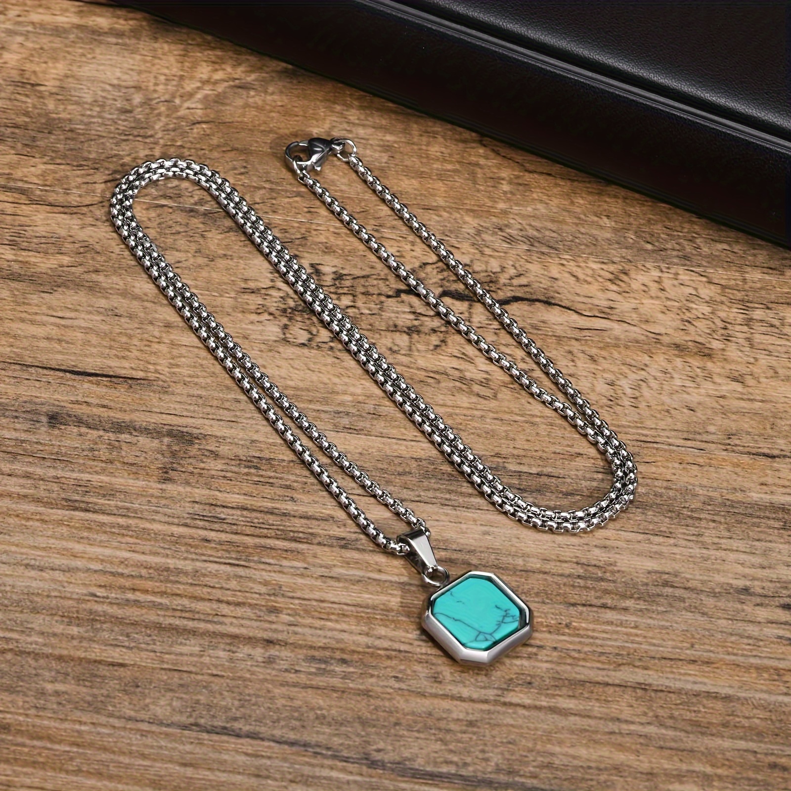 TEMU 's Day Gift - Men's Turquoise Pendant Necklace With 3d Square Natural Stone, Stainless Steel Chain