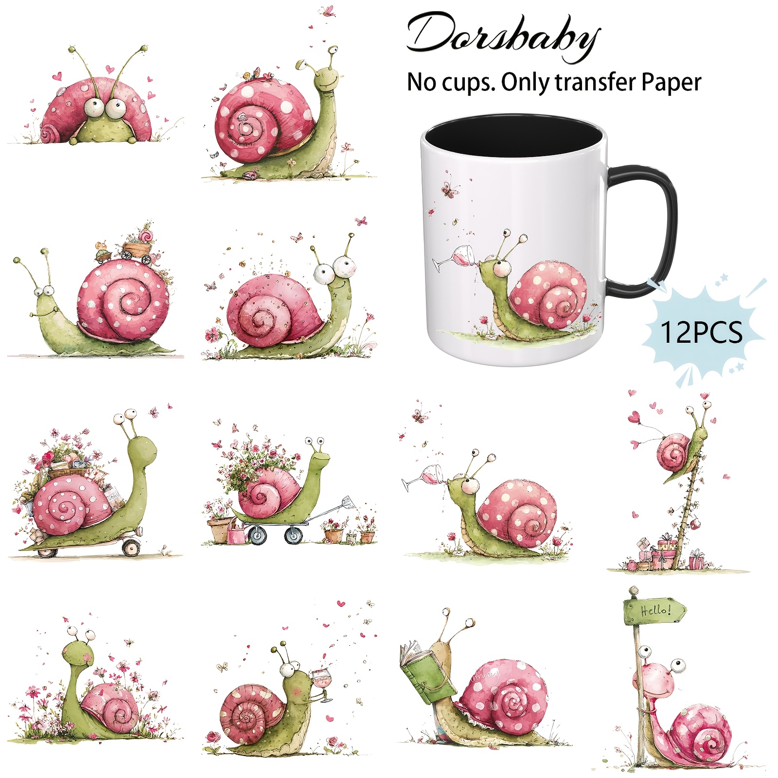 Image of 12pcs/set Whimsy Snail Life Transfers Rub On For Crafts, Uv Dtf Cup Wraps For Ceramic And Insulated Tumblers, Decorative For Vases, Journals And Tech Additions ( Transfer Paper)