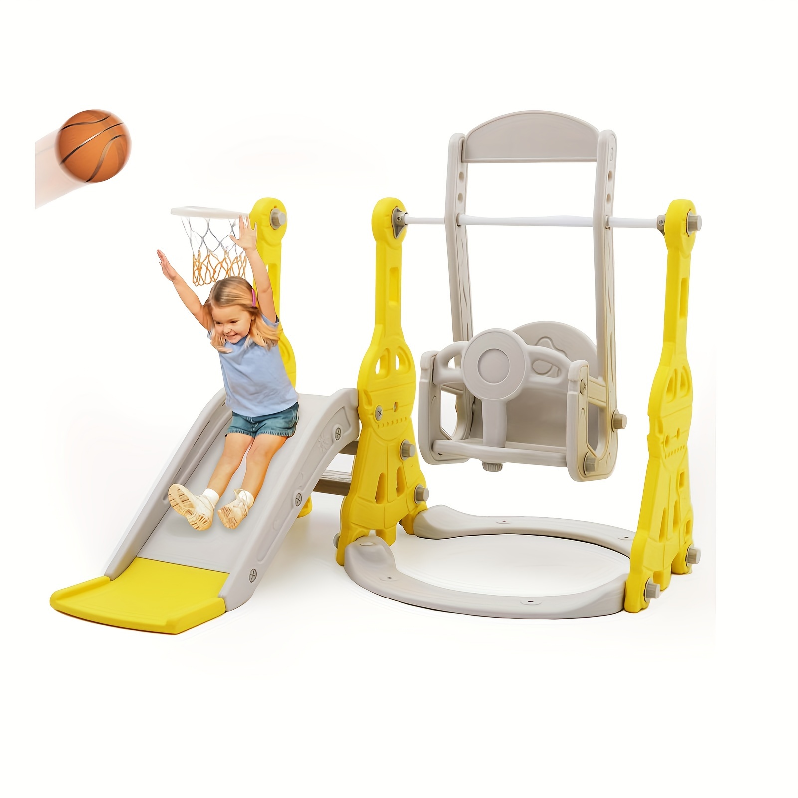 

Slide And Swing Set 4 In 1 Slide Climber Playse With Swing Slide Climber And Basketball Slide And Swing Set Indoor Outdoor Backyard Playground Toy (yellow)