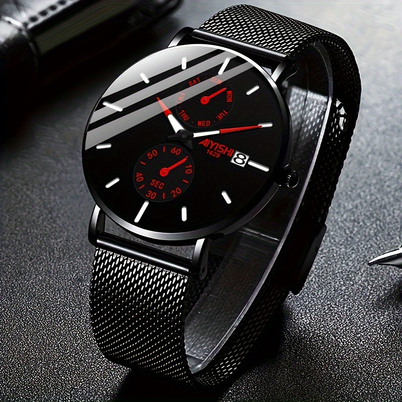 

Men' Black Quartz Watch With Red Accents, Stainless Steel Mesh Strap, Modern 8mm Case, World Display, Water-resistant Up To 30m, Gift Box Included