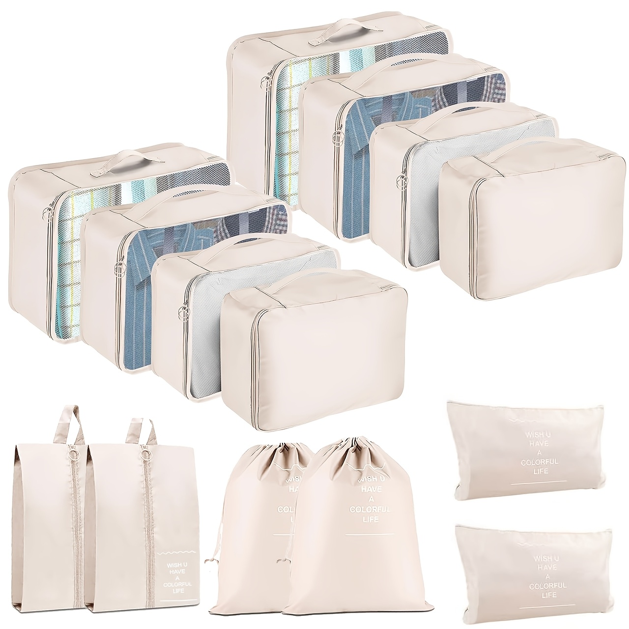 TEMU Ensemble de 14 sacs de voyage organisateurs portables - respirante et polyester durable, fermeture à glissière - Organisez facilement vos