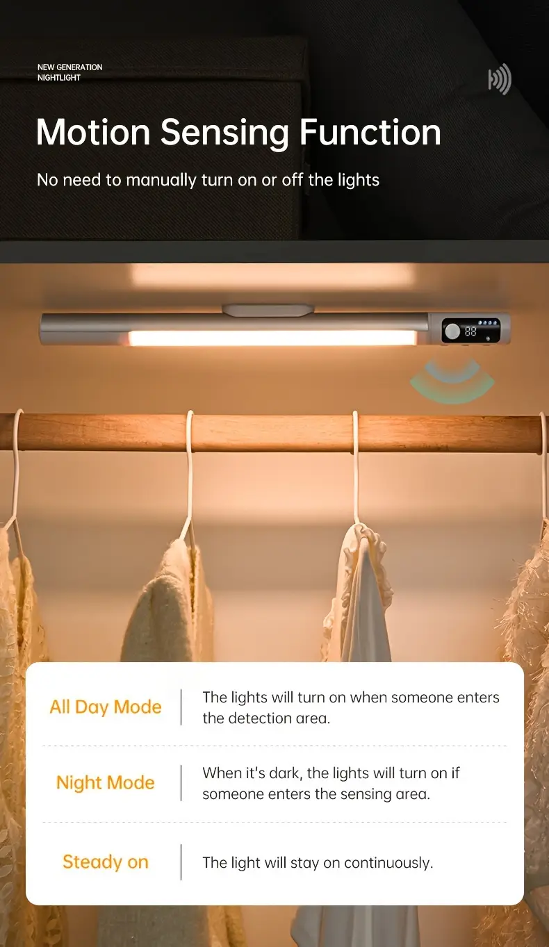 1pc modern motion sensor led light rechargeable under cabinet light with battery level display wireless magnetic freestanding wall mount for kitchen bedroom office plastic shade metal usb cable included 1200mah lithium battery infrared sensor function details 3