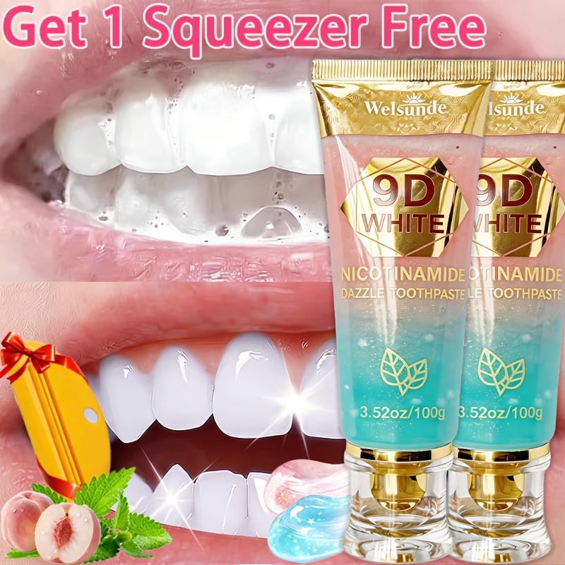 Image of Buy 2 Toothpaste Get 1 Toothpaste Squeezer, 9d White Niacinamide Toothpaste, Mint & Peach Flavor For Deep Cleansing Tooth, Fruity Formula, Deep Cleaning And Teeth , Oral Health & Hygiene Gift For
