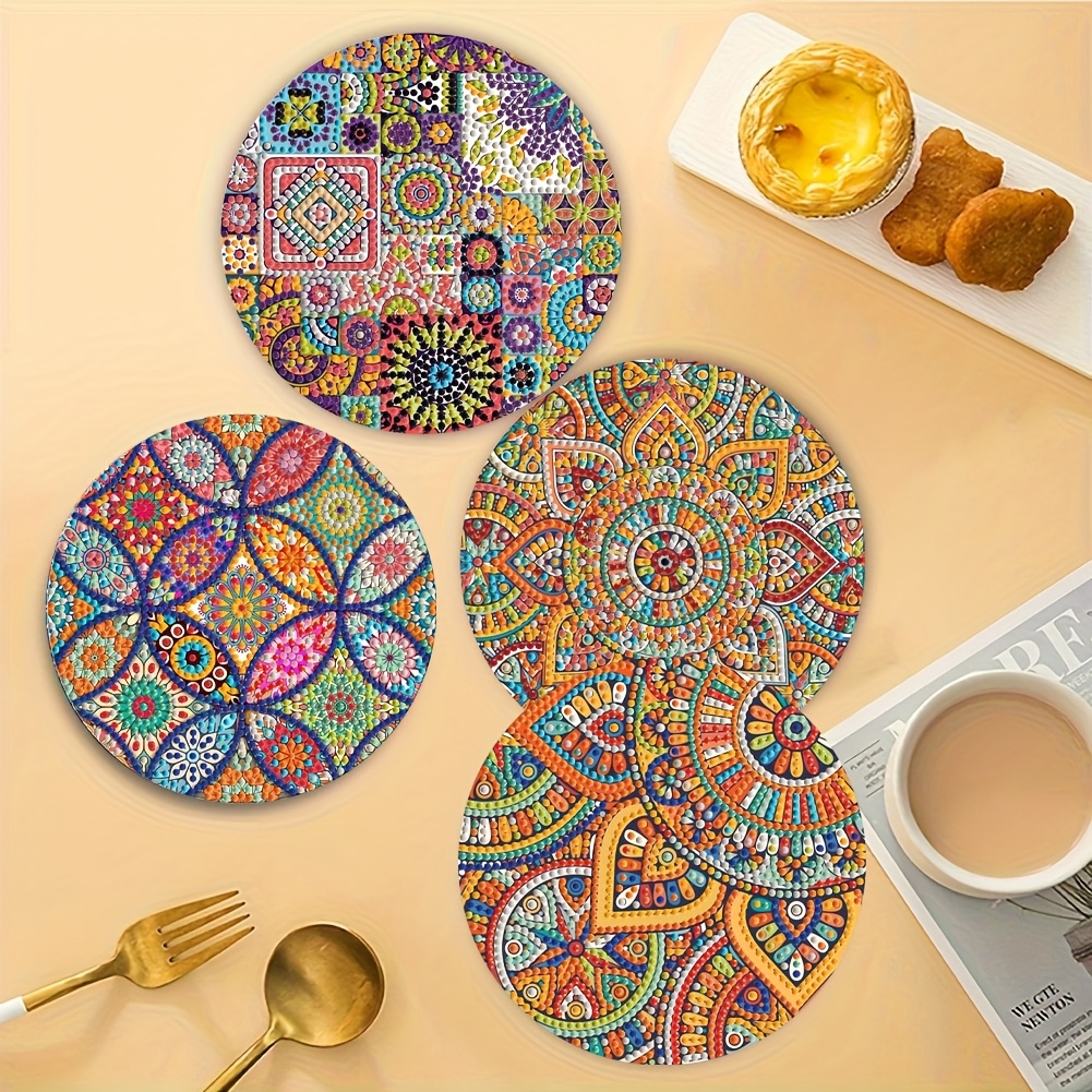 Image of 4pcs Mandala Diamond Painting Kit - Vibrant Mandala , Non-slip Round Wooden Coasters For Festive Parties And Craft Gifts, Set
