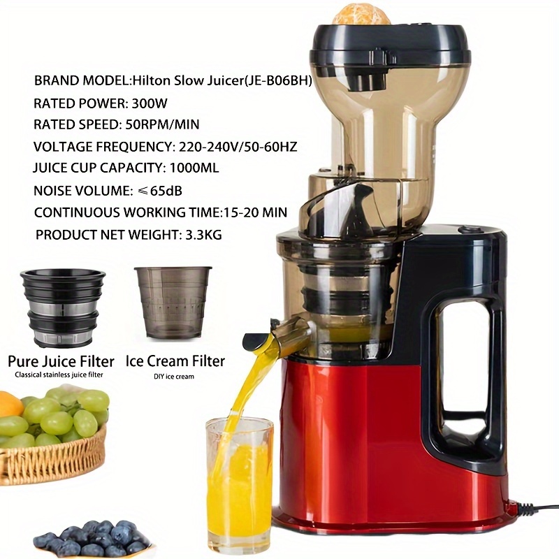 Hilton Quiet Slow Press Juicer Machine 300W Cold Press Juicer with Wide Chute, Masticating Motor for Juice Suitable for Juicers, DIY Ice Cream