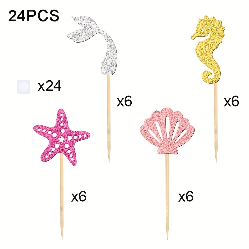 Image of 24pcs Mermaid Cupcake Toppers Pool And Beach Party Glitter Shell Seahorse Starfish Mermaid Tail Cupcake Picks Shower Under The Sea Mermaid Theme Birthday Party Cake Decorations Supplies