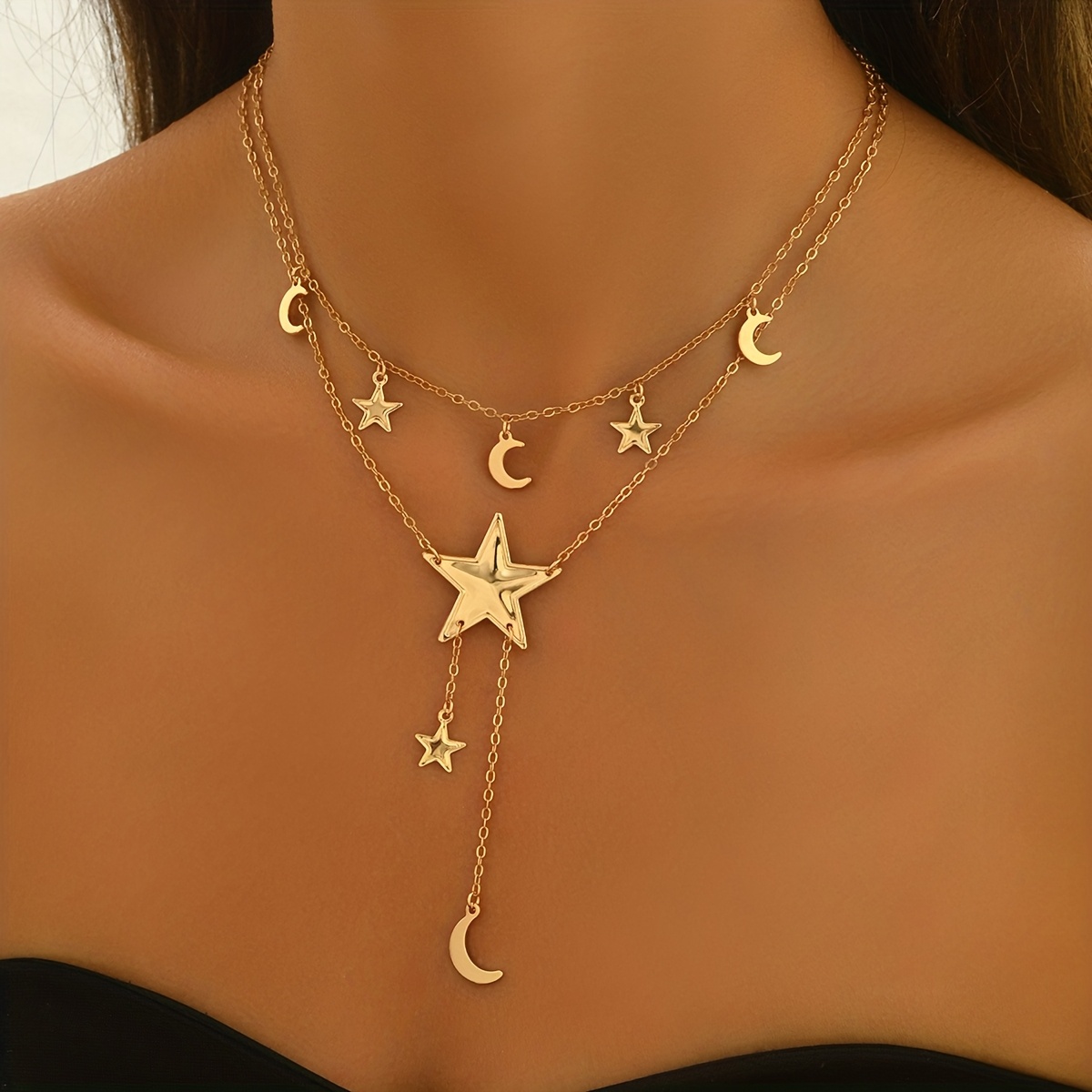 Image of 1pc Western Middle Moon Year Women's Y-chain Retro Ramadan Double Layer Easy Star Moon Pendant Long Clavicle Chain Holiday Gift Party Accessory