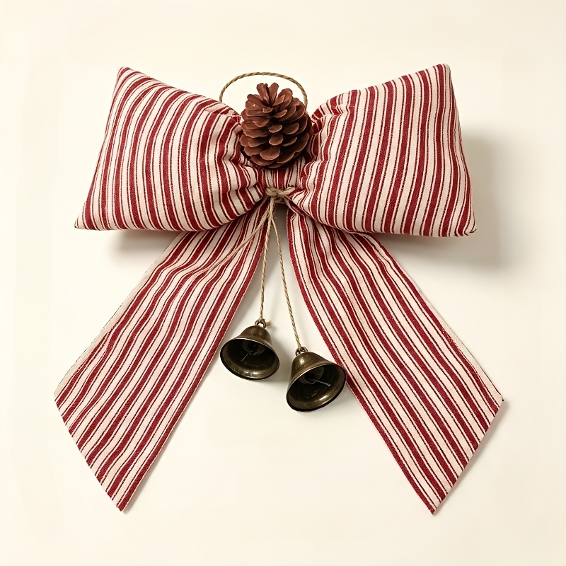 TEMU Wide Red White Striped Fabric Bow Hanging Ornament - Farmhouse Bohemian Suitable For Xmas Tree, Wreath, Door & Mantel Decor, Stuffed Or Flat Bow