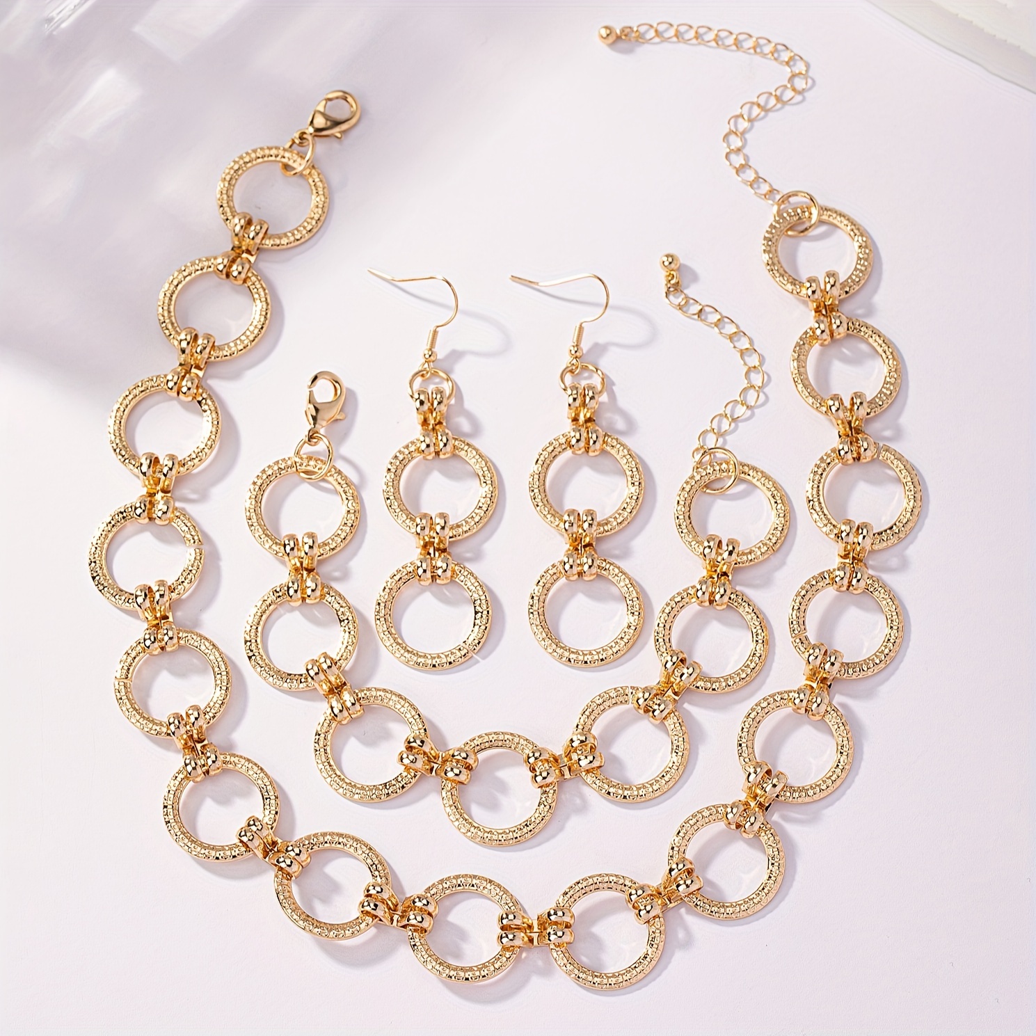 Hollow Circle Dangle Earrings & Bracelet & Necklace Punk Style Set