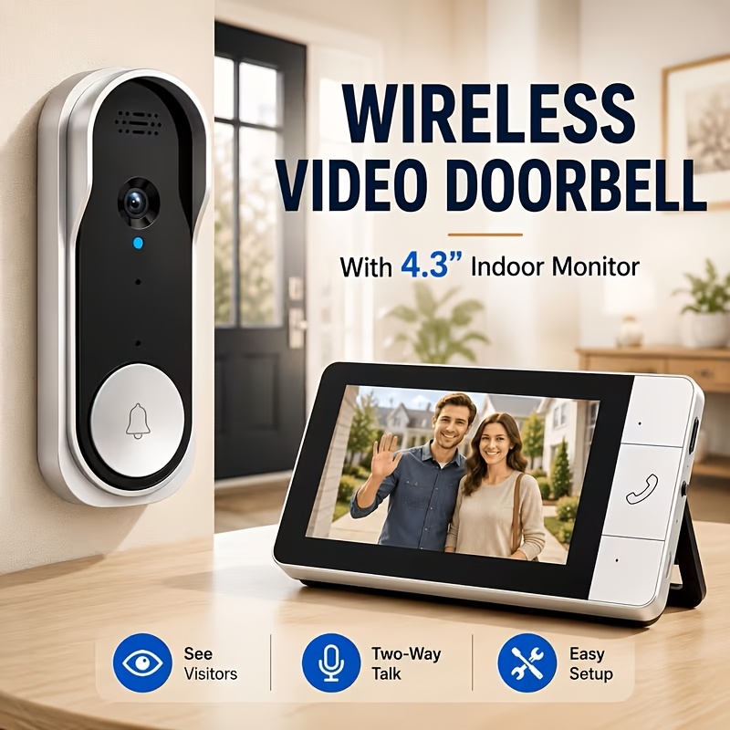 TEMU Upgraded 1296p Wireless Video Doorbell, 4.3" Indoor Display, 2.4g Wireless Signal, Full Body View, No Monthly Fees, Talk, Rechargeable Battery,
