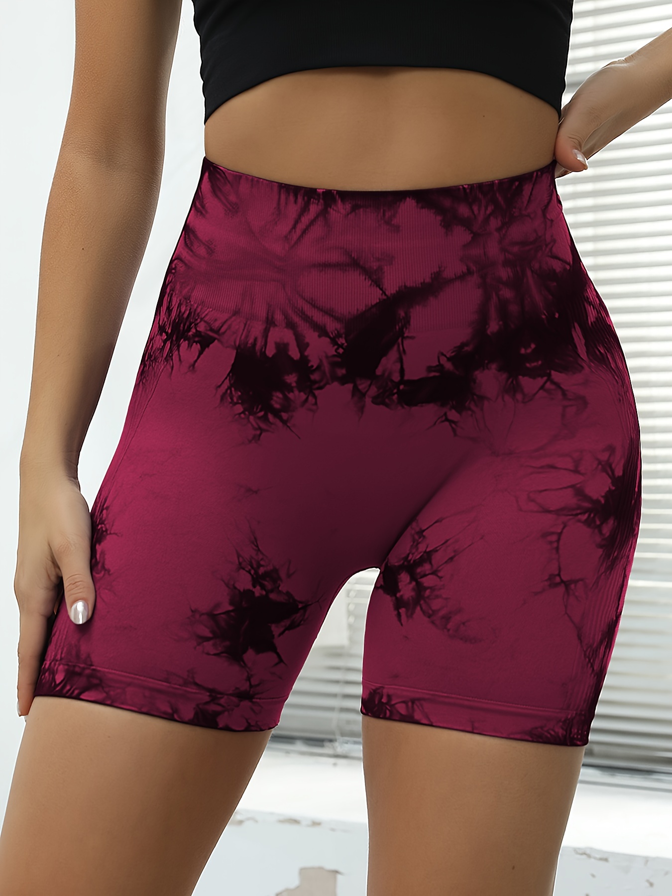 3-Piece High-Waist Tie-dye Yoga Shorts Set For Women, Seamless Tummy Control * Workout Bike Shorts, Sportswear Athletic Clothing