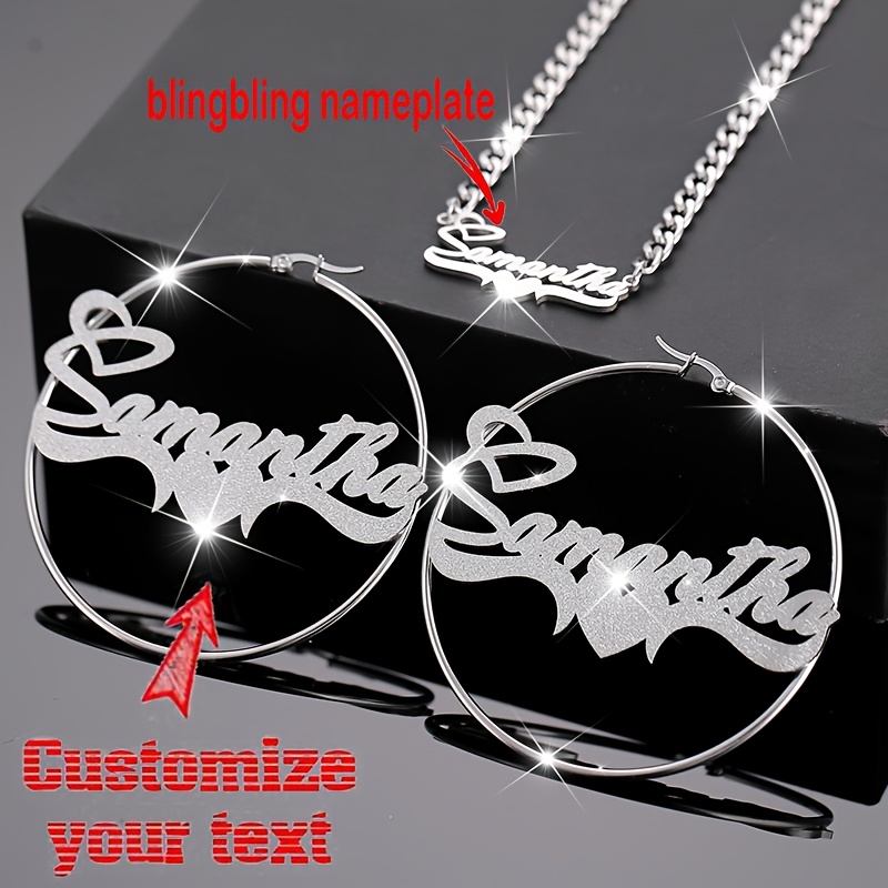 

Custom Name Necklace And Hoop Earrings Set, Simple & Glitter Style, Heart Theme, Stainless Steel, With Personalized Cuban Link Chain And Hoops, For , Party, And Valentine's Day Gift