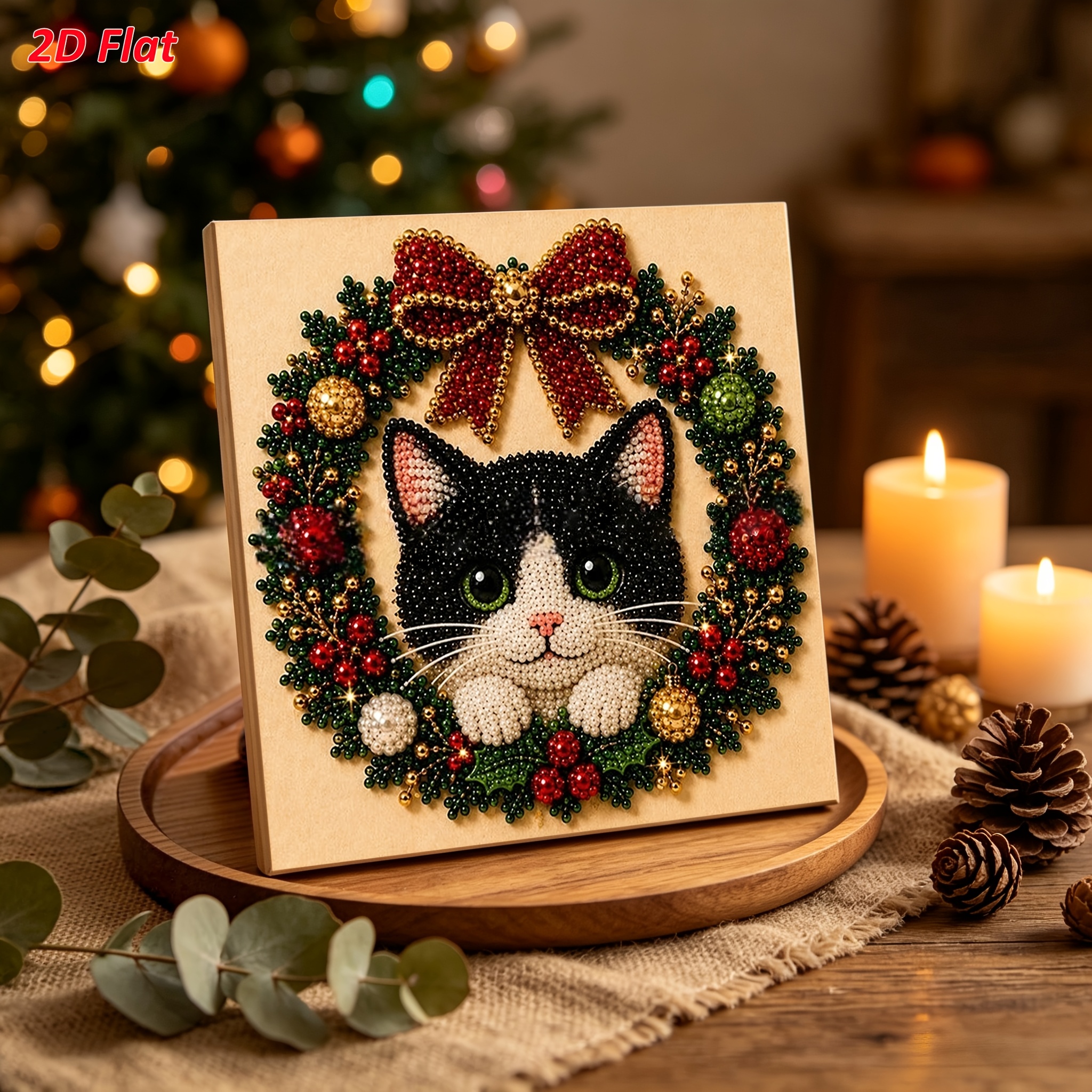 TEMU 2d Flat Diy Frameless Pearl Diamond Painting Kit, Christmas Wreath Cat Theme, , Pre-printed Canvas, Easy Stress-relief Craft For Beginners,