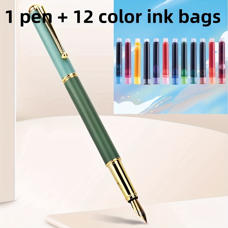 

Refillable Metal Fountain Pen With Fine Point And Click-off Cap, Includes 12 Color Ink Refills - Elegant Calligraphy Pen For Office And Gift Set