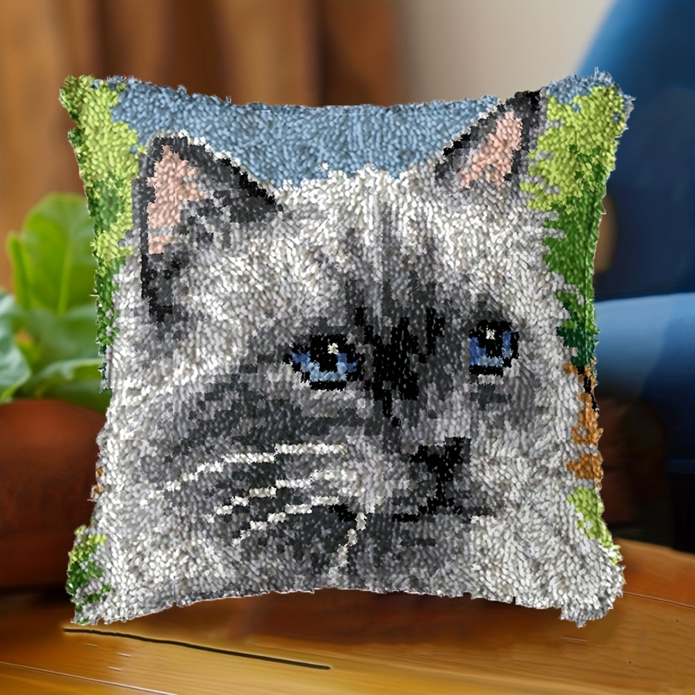 Image of Cat Hook Kits For Adults, Beginners Diy Pillow Kit Pre-printed Pillowcase Hook And Rug Kits Cross- Cushion Cover For Home Sofa Decoration 43cm/16.93inx43cm/16.93in