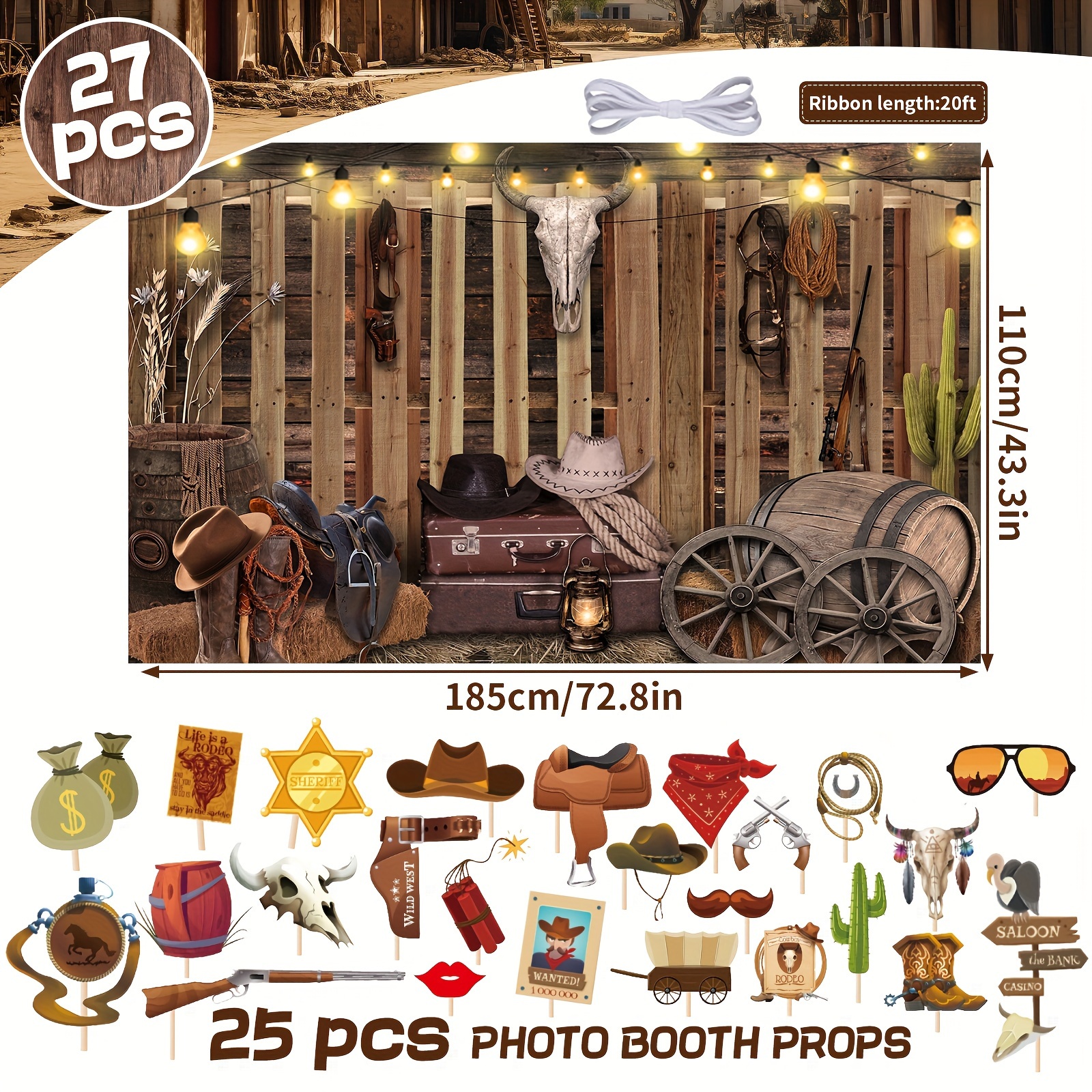 25pcs Western Cowboy Party Photo Booth Props Kit - Giant 72x44 Inch 