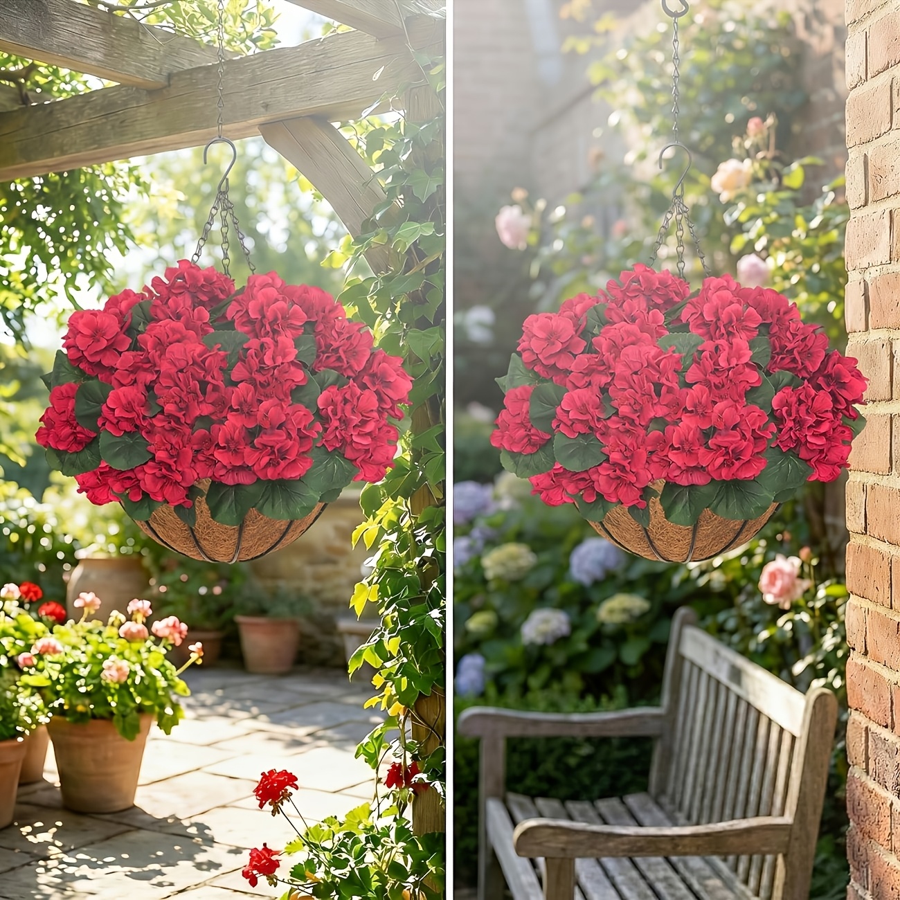 2 Sets Artificial Red Geraniums Flowers for with Hanging Baskets, 2 Hanging Planters with 12pcs Red Geranium Flowers for Christmas Front Yard Garden Patio Home Decor (2, Red)