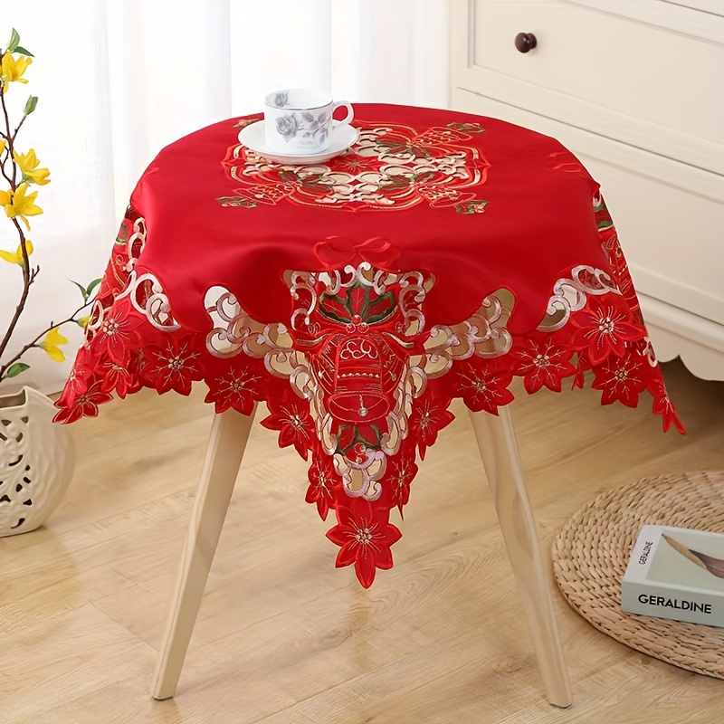 

Christmas Embroidered Polyester Tablecloth - Pattern, , Decorative For And Dining, Red Embroidery And