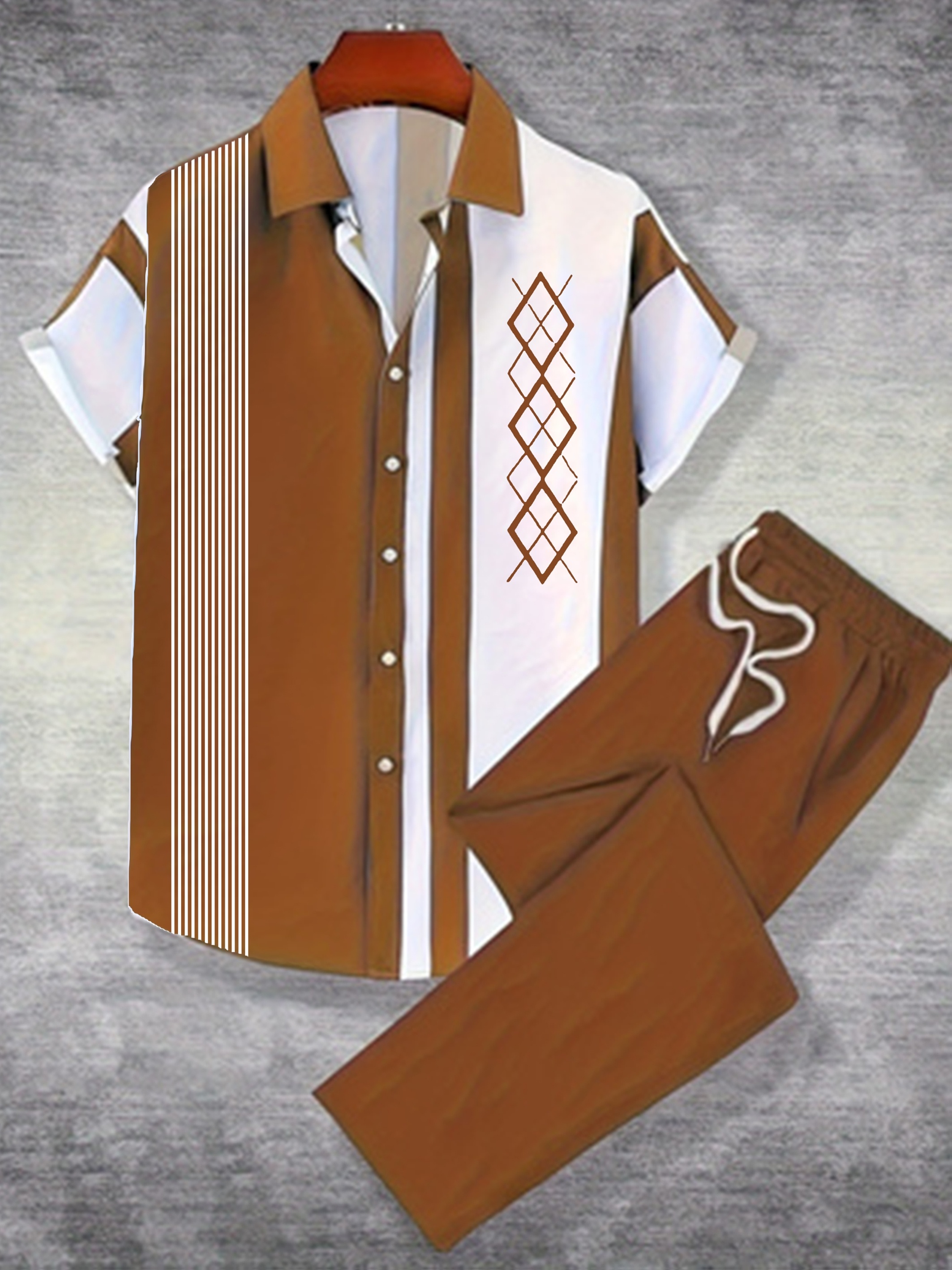 Men'S 2pcs Hawaiian Style Short Sleeve Collared Shirt And Drawstring Long Pants Outfit, All-Over Print Casual Button-Up Shirt And Trousers, Suitable for Summer Daily Wear And Vacation Destinations