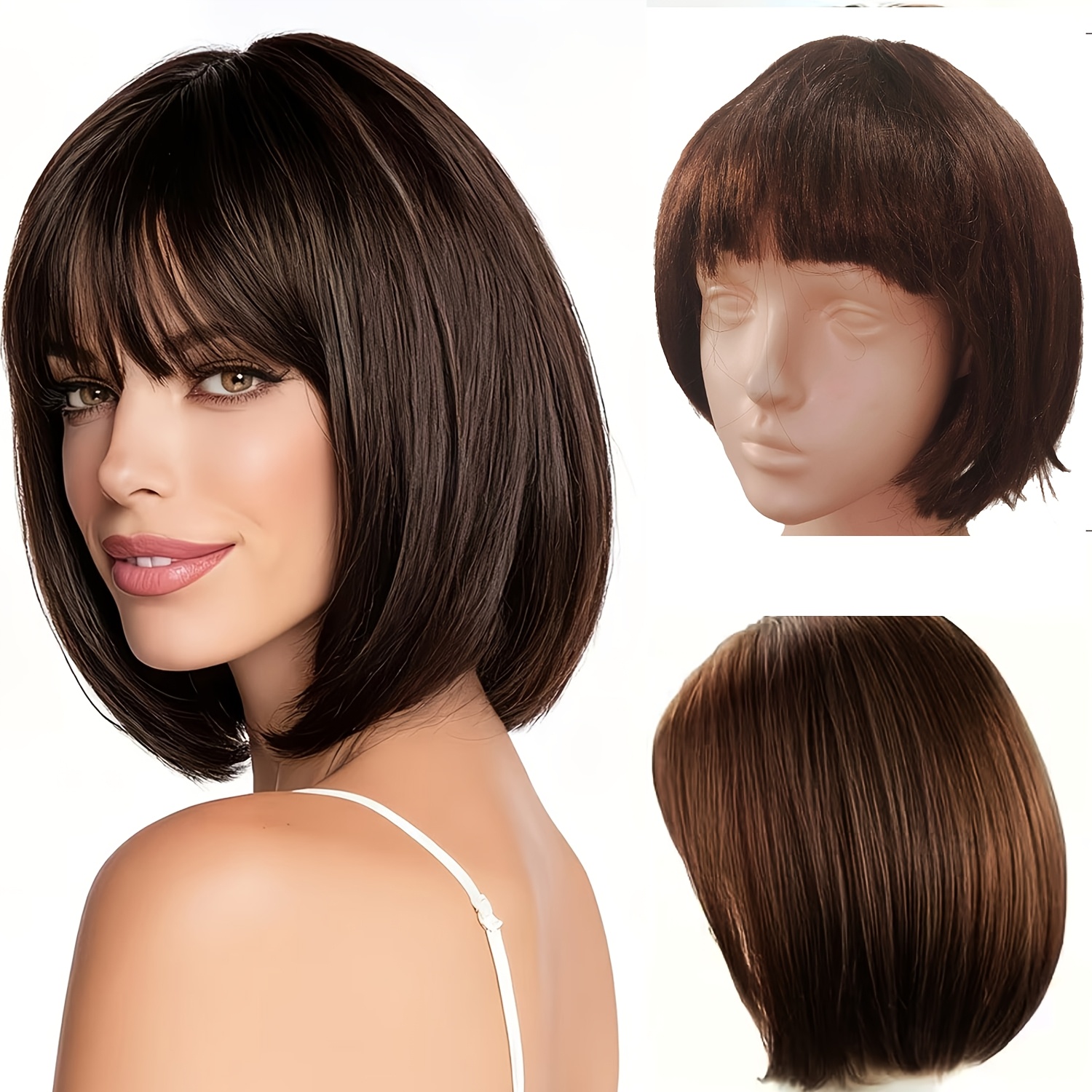 dark brown short straight synthetic wig with bangs   and smooth   stylish and versatile suitable for everyone a versatile style for valentines day fashion