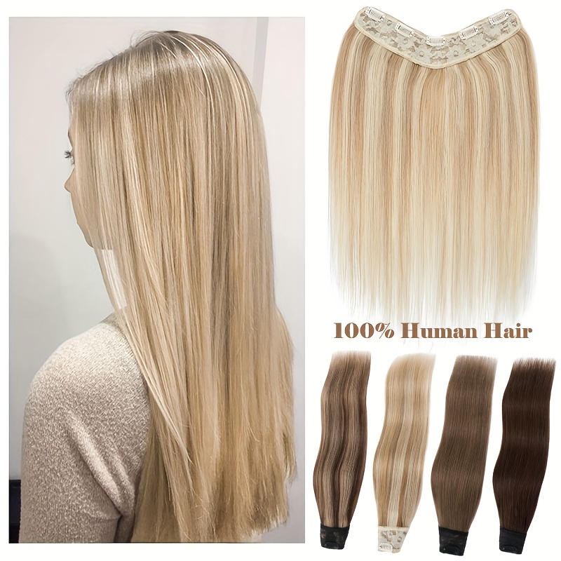 v shape clip in human hair extensions 12 inch double weft seamless clip in hair extensions human hair   v shape 100   human hair hairpieces for volume length black highlight details 0