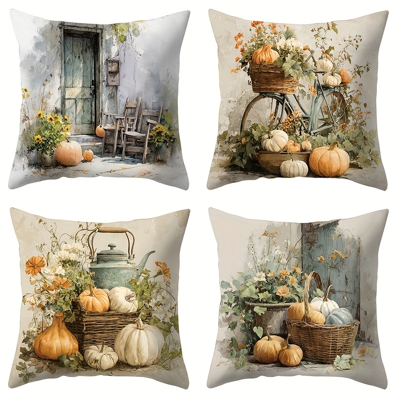 TEMU 4 pezzi, stile autunnale, zucche, bollitore, bicicletta, motivo casa, confortevole, e pratico, 17,72 pollici * 17,72 pollici, per decorazione