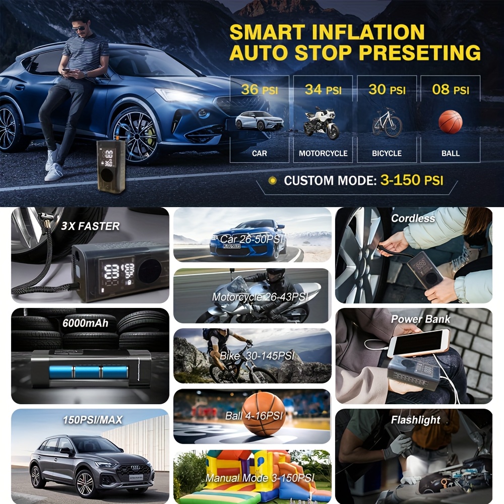 150 PSI Dual Display Cordless Tire Inflator with LED Light for tire pressure service detail image 3