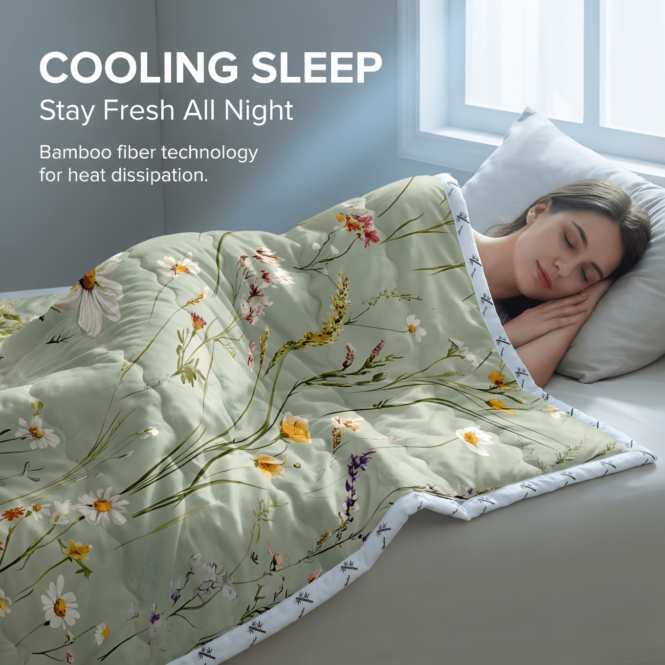 TEMU 1pc Bamboo Cooling Comforter Reversible Cooling & Warm Summer Comforter, Floral Summer Bedding, Switchable Temperature Control, Lightweight