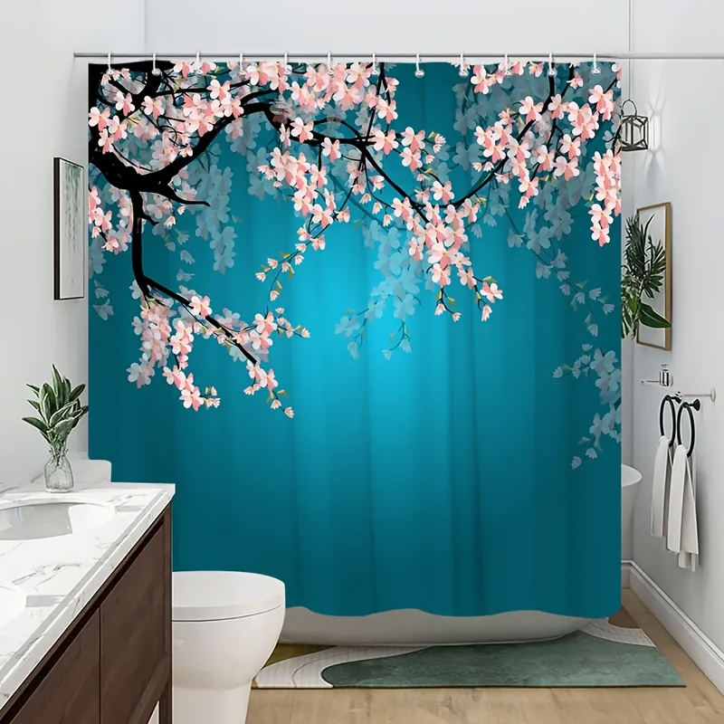 TEMU 1pc Pink Flower Pattern Print Shower Curtain On Curved Branches, Elegant Bathroom Decoration Including 12 Hooks, Multiple Sizes, Machine