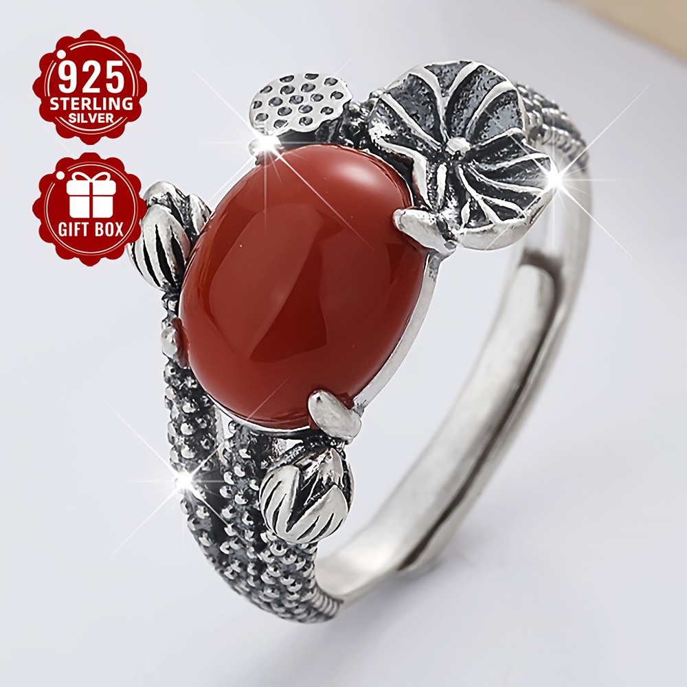 

1pc S925 Pure Silvery Retro Aging Matte Craft For Lotus Leaf Inlay South Red Agate Ethnic Style Women's Ring Suitable For Banquet Activities Weight About 4.6g