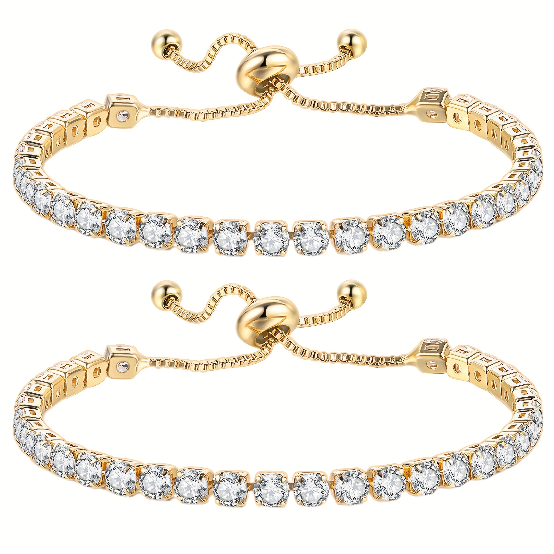 Set Of 2 Adjustable Women's Tennis Bracelets: 4mm Golden Cubic Synthetic Zirconia Stackable - Elegant Wedding Gift Fashion Jewelry