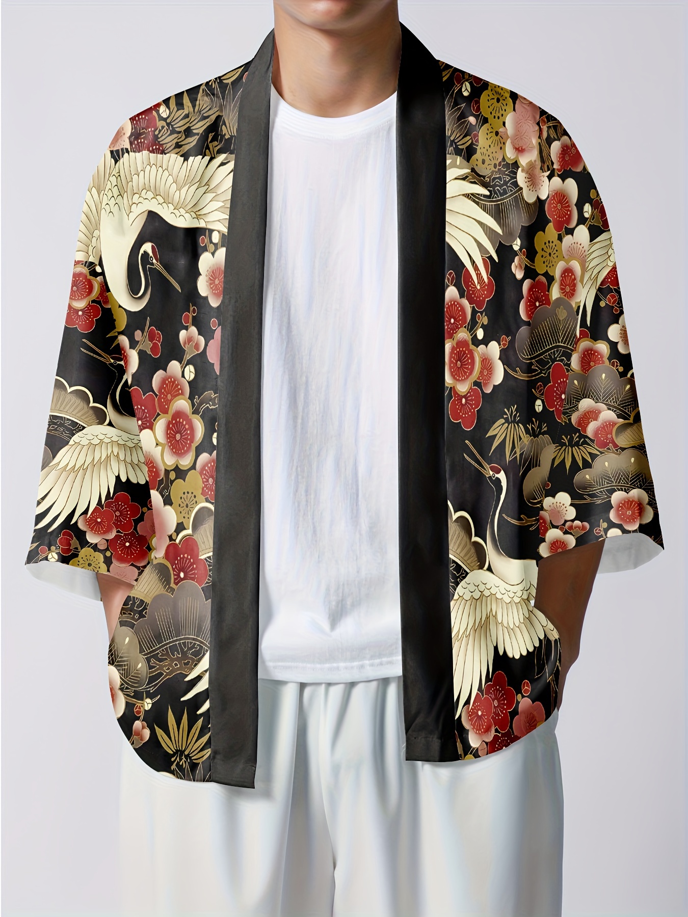 Camisa Larga Patrón Grullas Estilo Japonés Kimono Informal - Temu Mexico