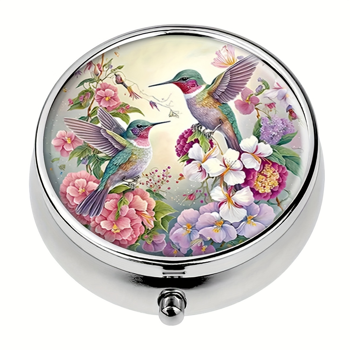 

Charming Pink Hummingbird & Floral 3-compartment Pill Box - Compact, Decorative Medicine Organizer For Purse Or Travel