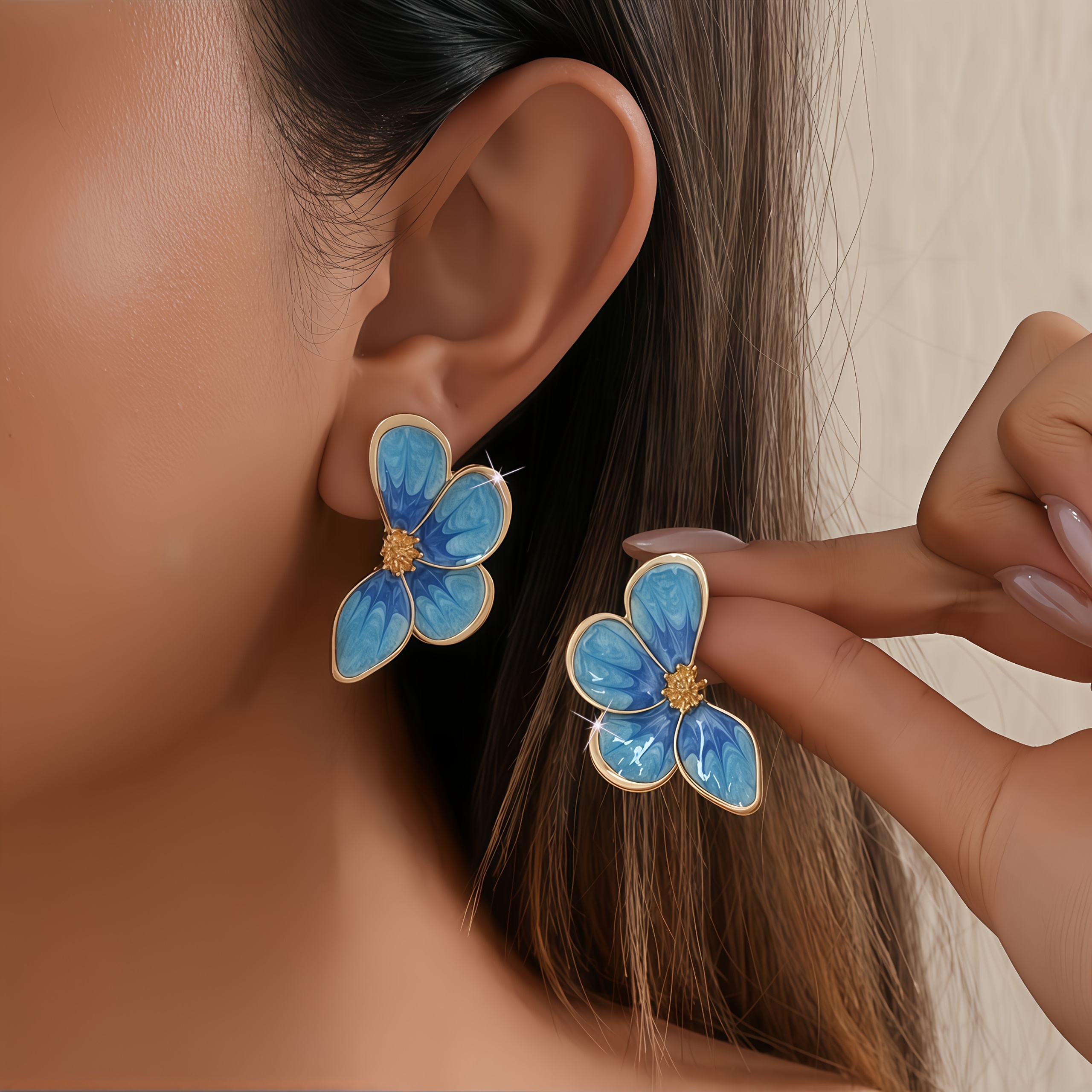 TEMU 1 Pair Of Vintage Blue Enamel Flower Stud Earrings, Niche Design Gradient Petal Earrings, Elegant Commuter Pastoral Style Ear Accessories,