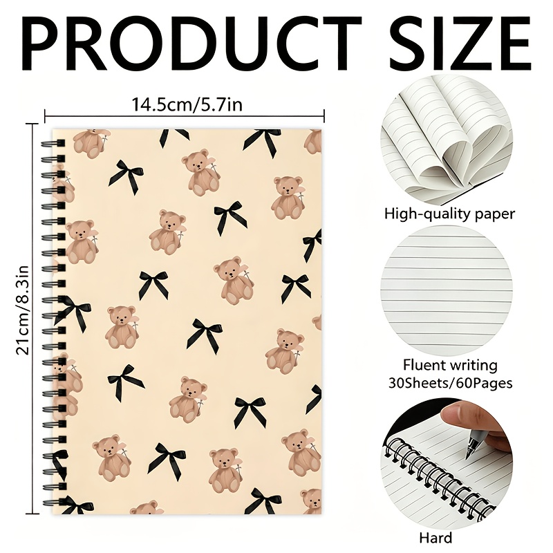 TEMU 1pc Carnet à spirale avec motif d'ours en peluche et nœud papillon, 30 feuilles au total, 60 pages, livre à bobine, idéal pour quotidiennes et