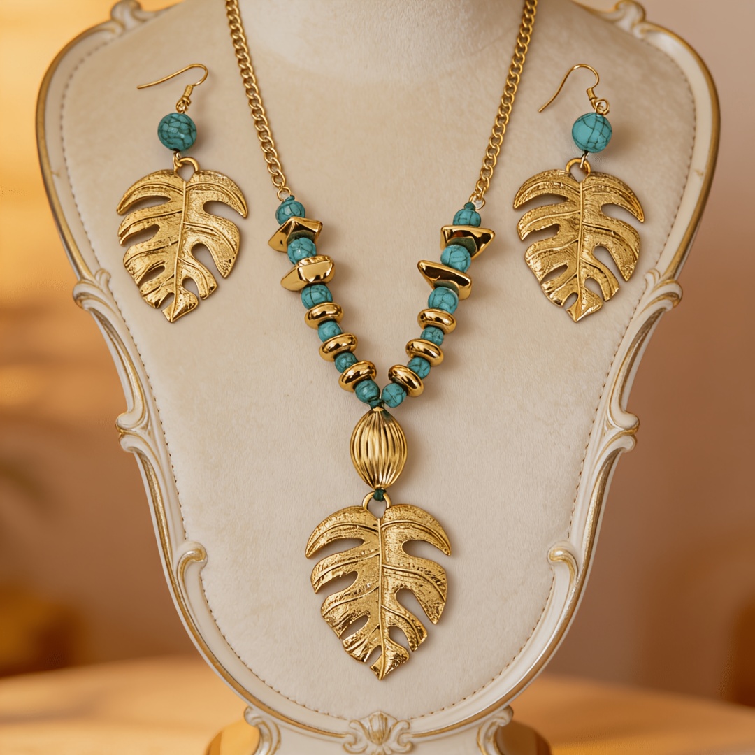 TEMU 3pcs Niche Design Sense Turtle Leaf Shaped Jasper Necklace Earring Set Suitable For Women' Exhibition Individual Style