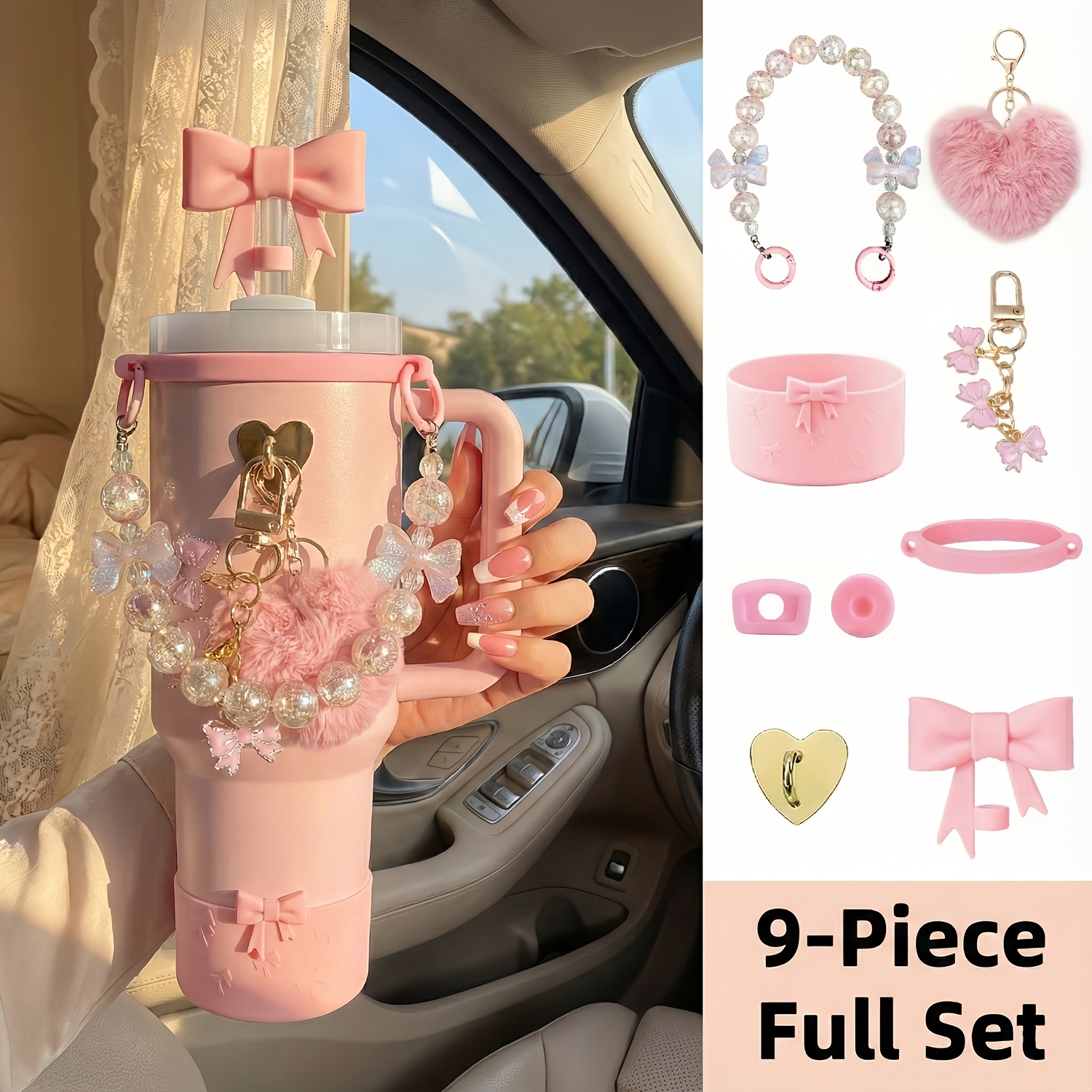 TEMU Ensemble de 9 accessoires à nœud pour gobelet 40oz/30oz - Inclut chaîne à poignée perlée, chaussette en silicone, couvercle de paille, breloque