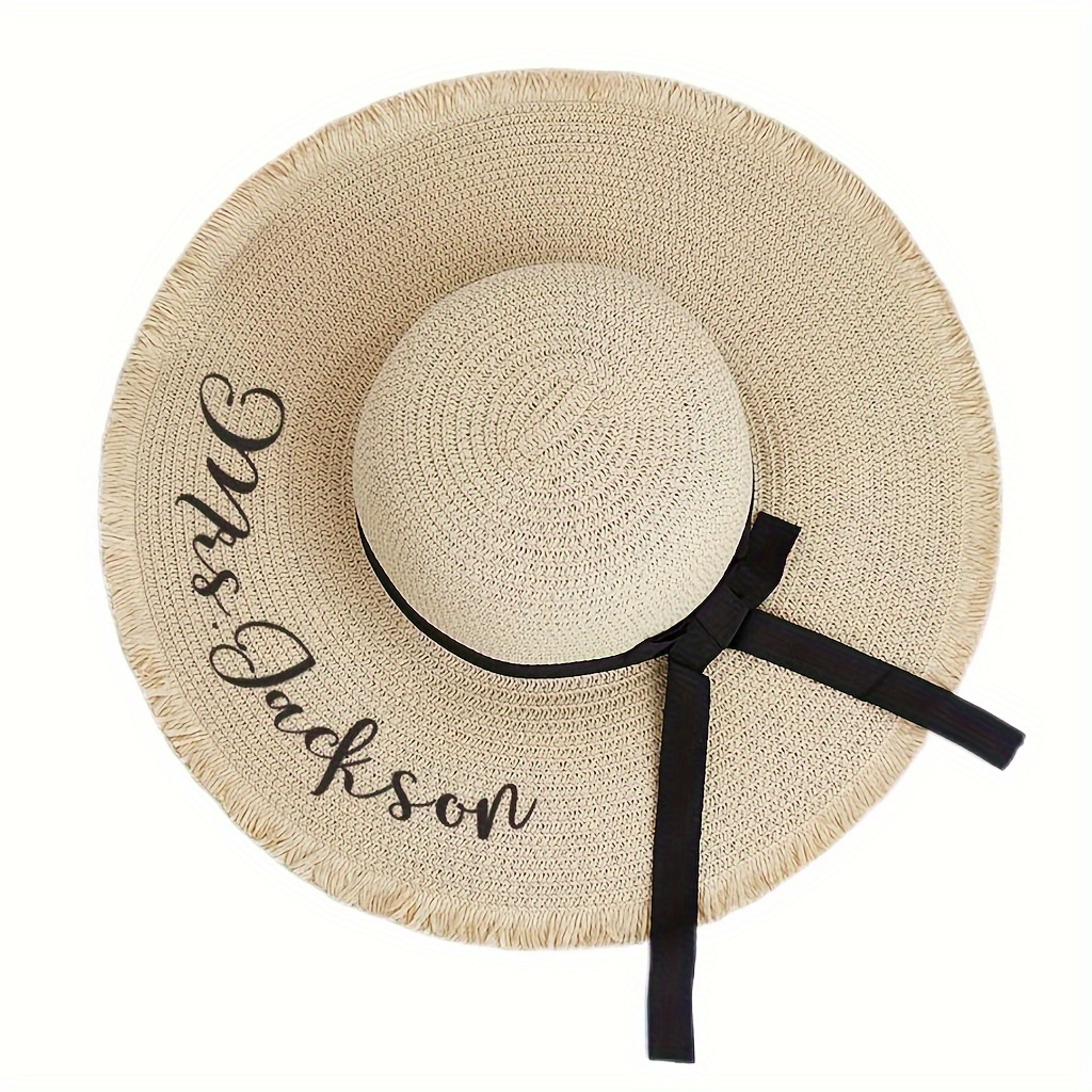 1pc, Customizable Floppy Sun Hat, Bucket Hats with Chin Strap, Cowboy Straw Hat for Boys and Girls, Beach Headwear Custom Embroidery Outdoor Summer