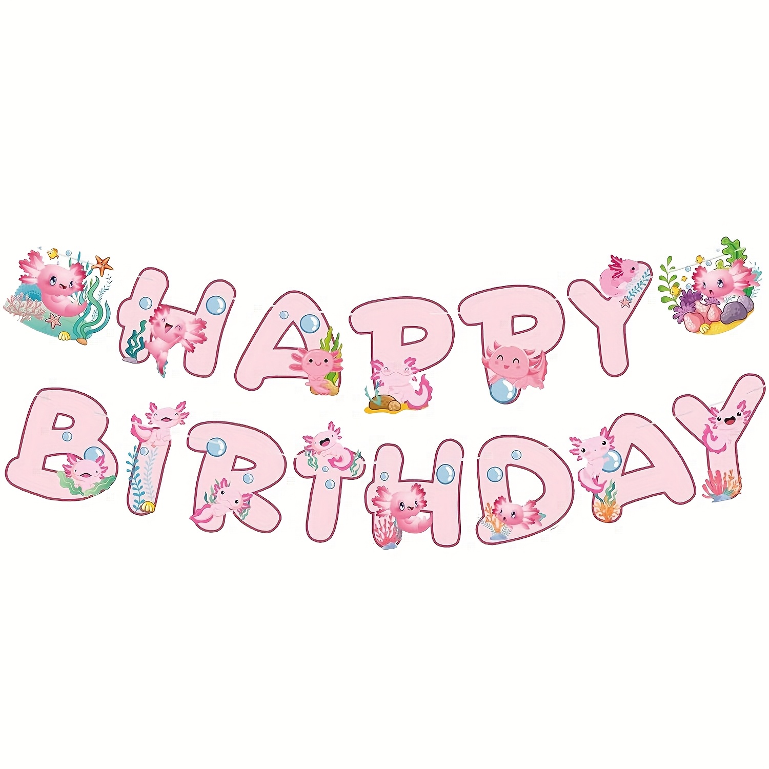 Image of 1 Set Cute Axolotl Birthday Banner & Backdrop Set - Pink Adorable Mexican Party Decorations With Swirls, For ' Parties, Spring Birthdays, For Door/room Decorations, Photo Backgrounds (paper Cutouts)