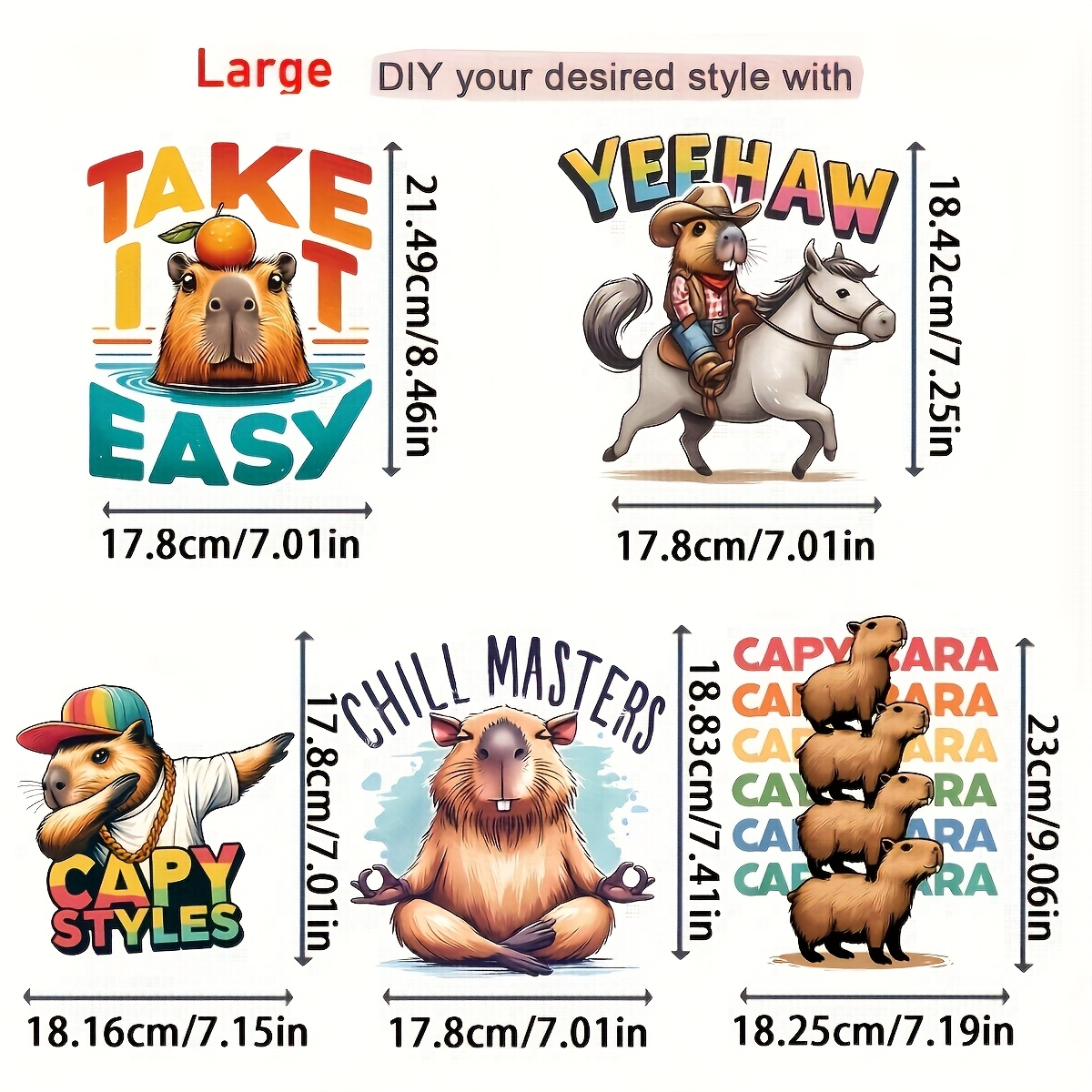 E-shop [5 Stück Capybara-Heißklebe-Transfers] 5 Stück Capybara-Wärmeübertragungsvinyl-Designs, Gemischte Farbe Heißklebe-Transfers für DIY-T-Shirts &