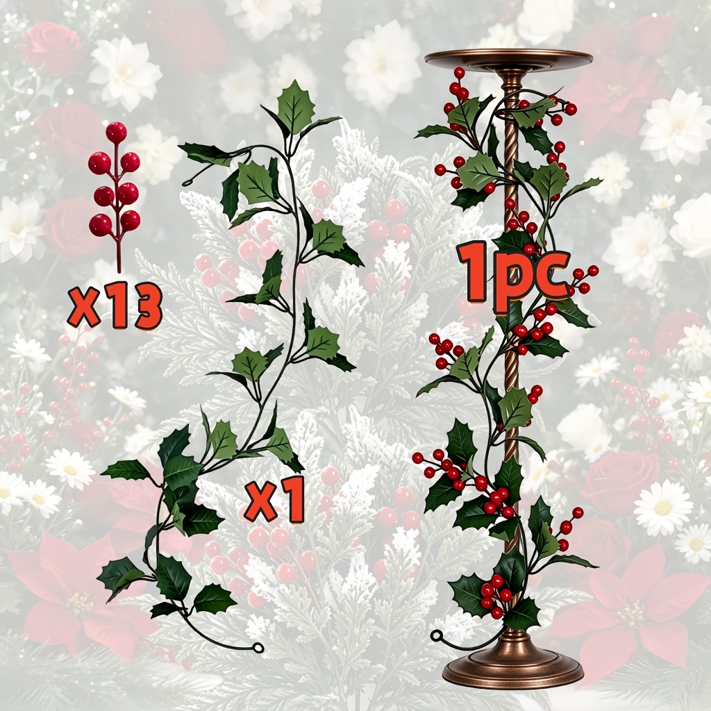 TEMU 39.76-inch Artificial Holly Christmas Ornament - Includes 13 Sets Each Of Thick Green Leaves And Realistic Branches, Perfect For Christmas Home