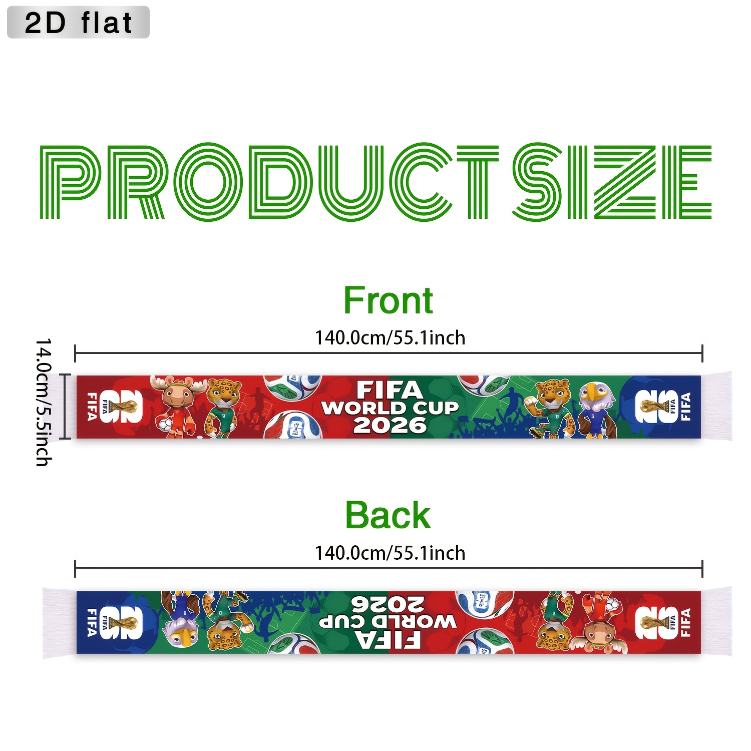 E-shop 2026 FIFA Weltmeisterschaft Zuschauer Schal (mit Quasten), Maskottchen und Fußball Design, Rot, Blau und Grün Farbgebung, ein unverzichtbares