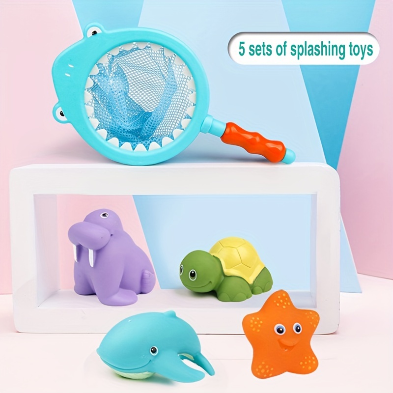 

7pcs/set Shark Net Fishing Pinching Music Toys, Bathroom Bath Animal Toys, Summer Play Water Toys, Temperature Sensing Color Changing Marine Enamel Small Animals, Children's Day Gifts