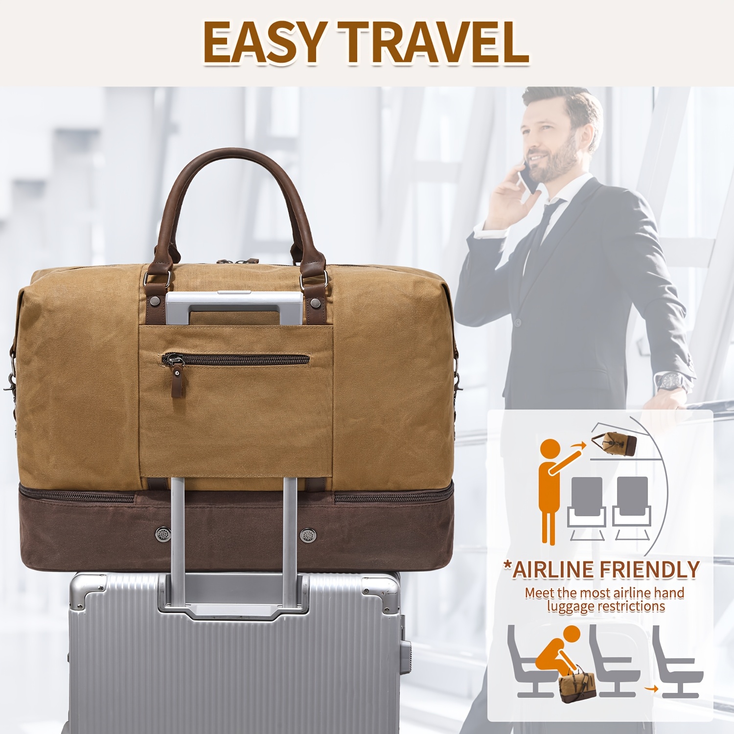 Large-Capacity Travel Bag Made of Oil Wax Canvas, Large Travel Bag, Overnight Travel Bag, Women'S Portable Bag with Shoe Compartment, Men'S Travel Bag